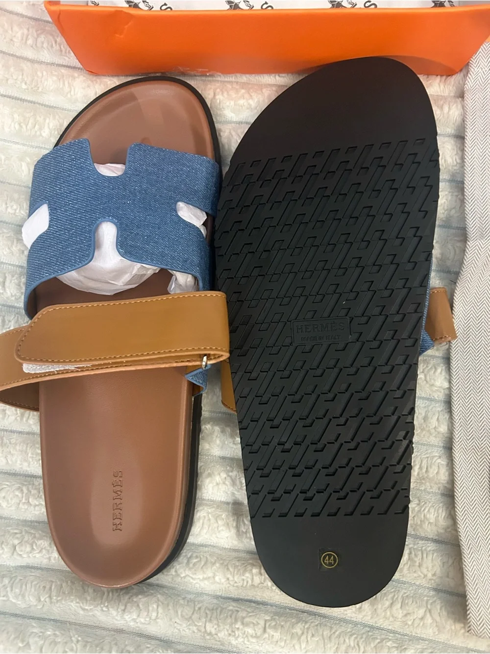 Hermès Blue Canvas and Brown Leather Slide Sandals
